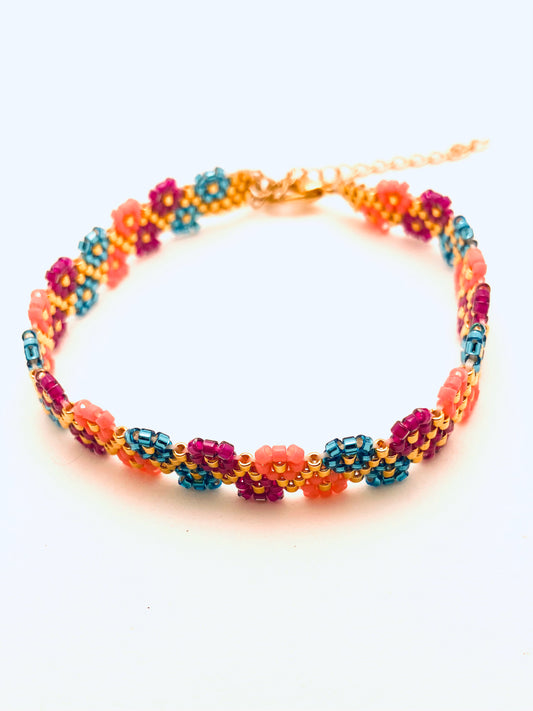 Beaded 4 Row Flower Edge Bracelet, Gold, Blue, Purple and Pink