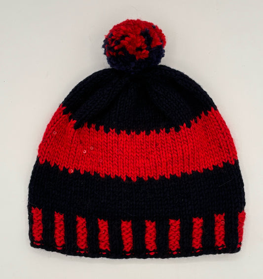 Adult L/XL Navy and Red Stripe Wool Knit Beanie with Pom Pom