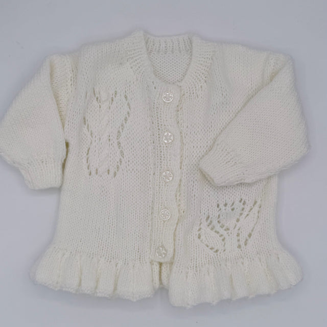 6-12 M White Acrylic Knit Cardigan with Butterfly and Flower Motif