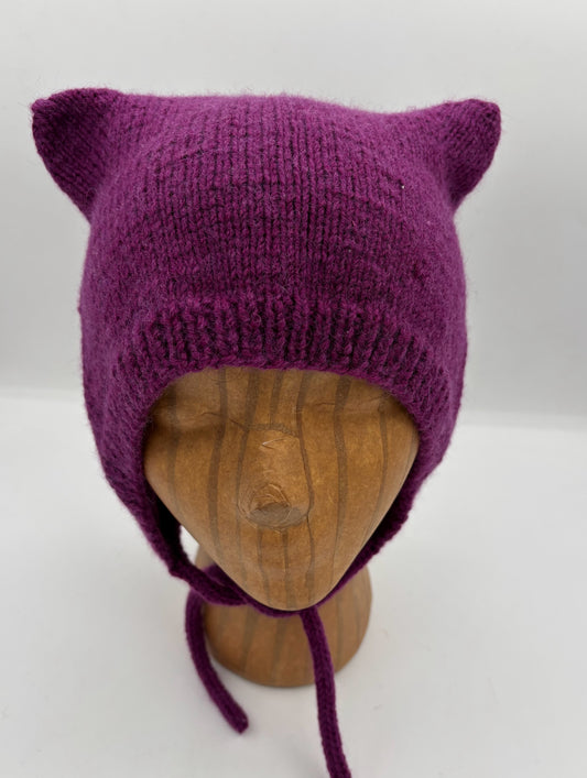 Adult Small Purple Wool and Poly Blend Kitty Hat
