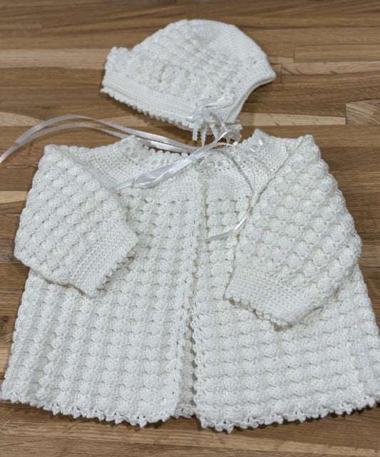 0 - 3 M White Cotton & Acrylic Blend Cardigan & Cap Set