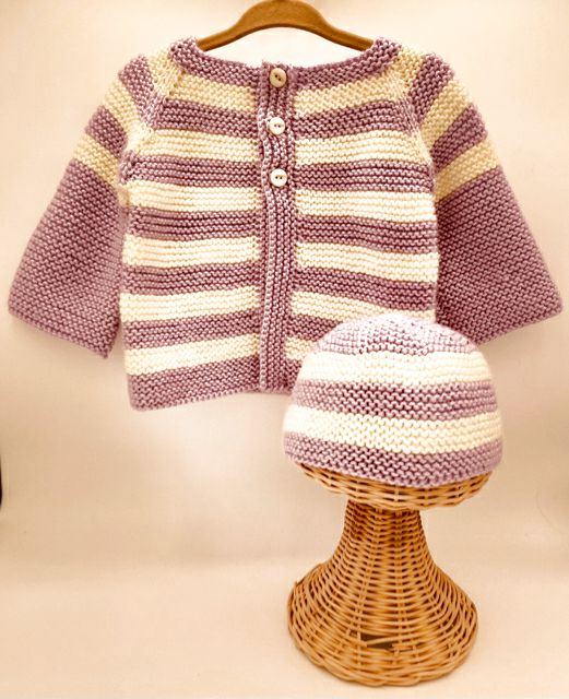 6-12 M Lilac and Cream Stripe Acrylic Cardigan Set with Beanie