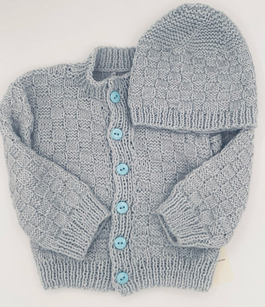 6-12 M Light Blue Acrylic Basketweave Knit Cardigan & Hat Set