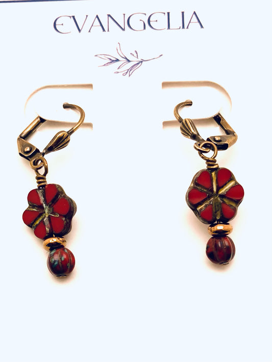 Czech Glass Earrings, Red Flower