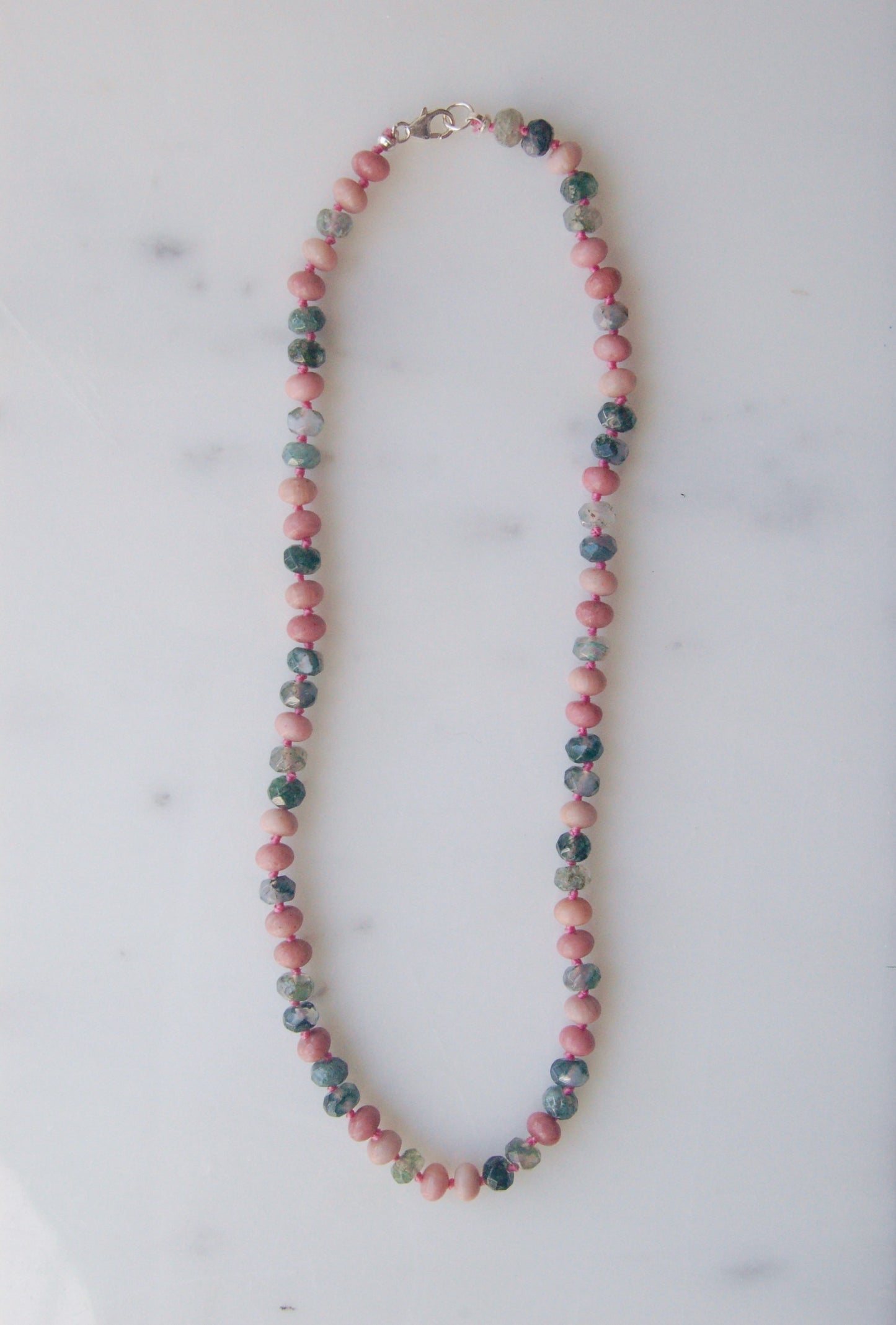 Moss Agate and Rhodonite Knotted Necklace