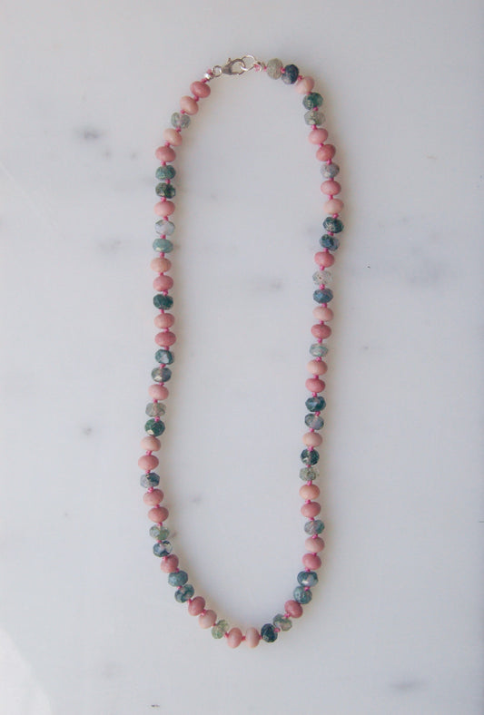 Moss Agate and Rhodonite Knotted Necklace