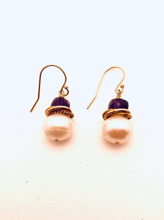 Pearl with Amethyst Cube Earrings