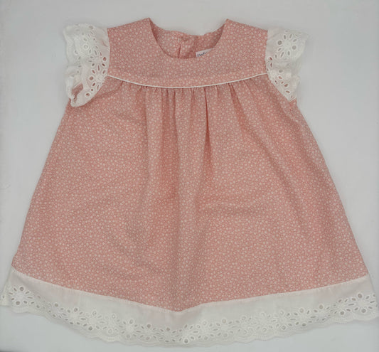 18 M Peach Floral Liberty Print Dress with Eyelet Sleeve and Hem Trim