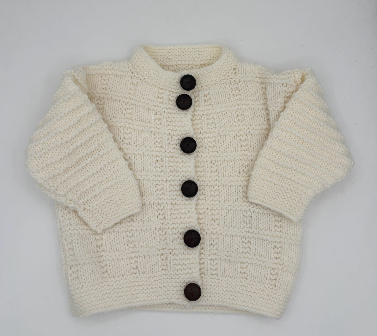 6-12 M White Acrylic Knit Cardigan with Leather Style Buttons