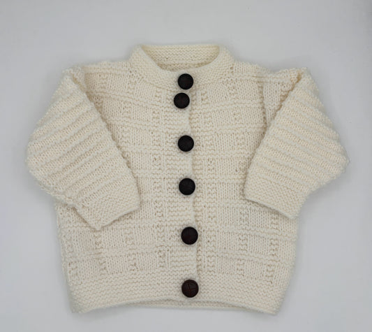 6-12 M White Acrylic Knit Cardigan with Leather Style Buttons