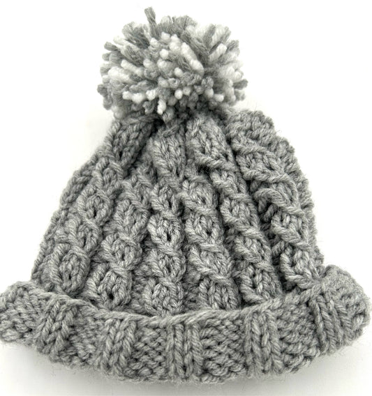 6-12 M - Handknit Gray Cable Hat