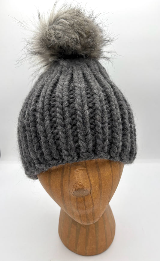 Adult S/M Gray Wool Knit Hat with Pink Pompom