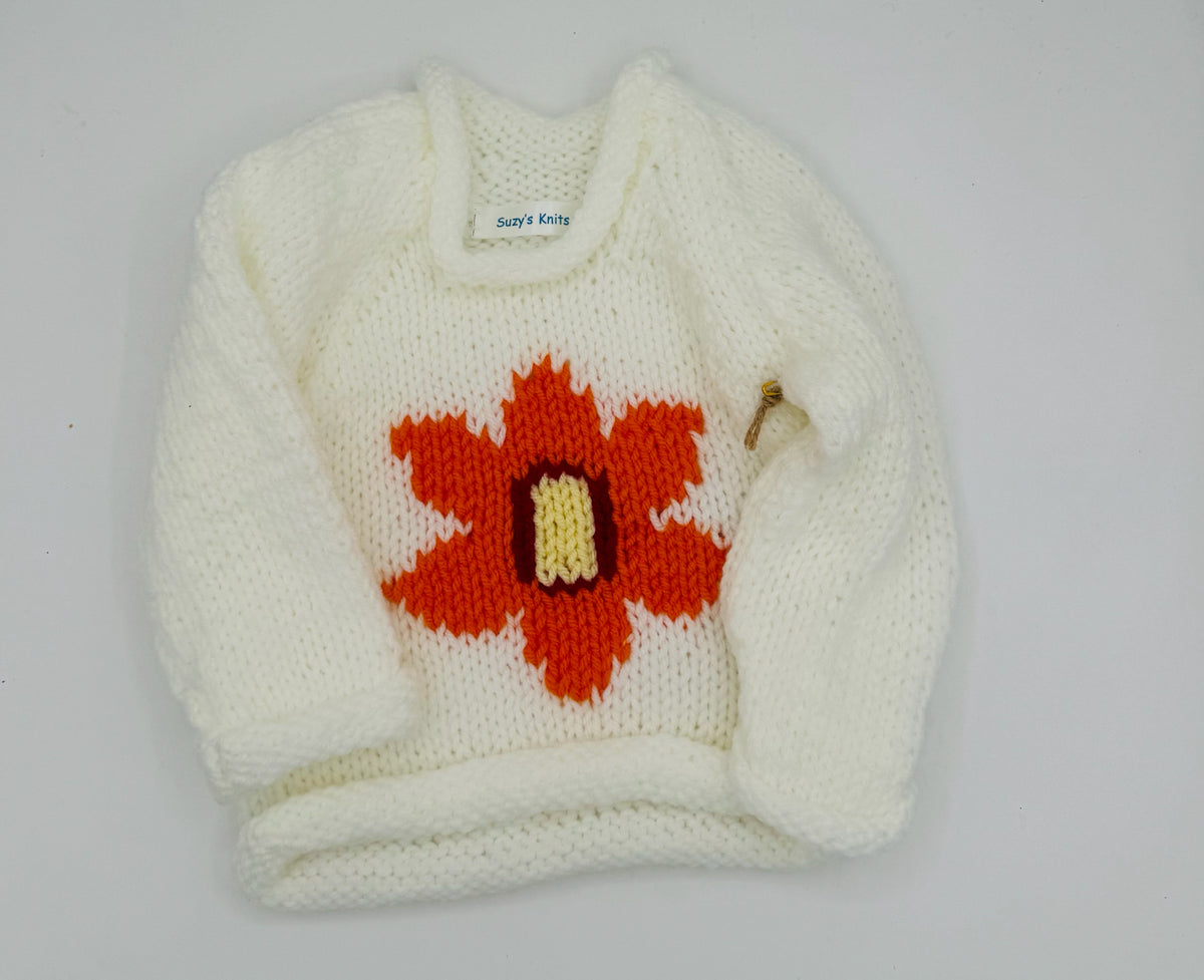 12-18 M White Acrylic Sweater with Orange Daisy