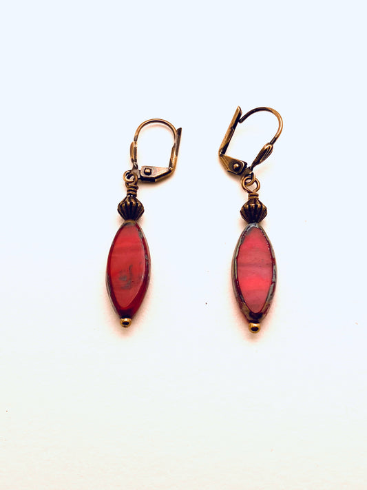 Czech Glass Earrings, Red Long Oval