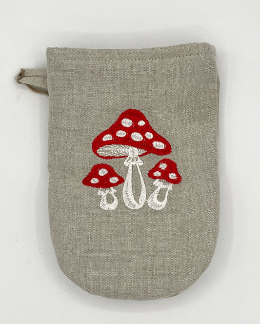 Oven Mitt - Natural with Embroidered Mushrooms