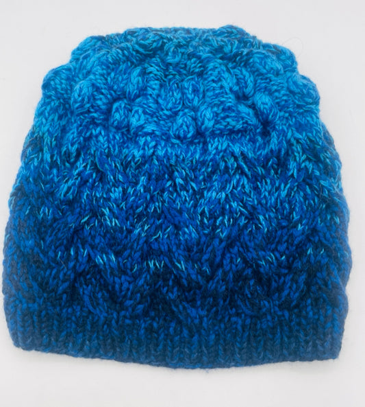 M Blue Ombre Cashmere Cable and Bobble Knit Hat