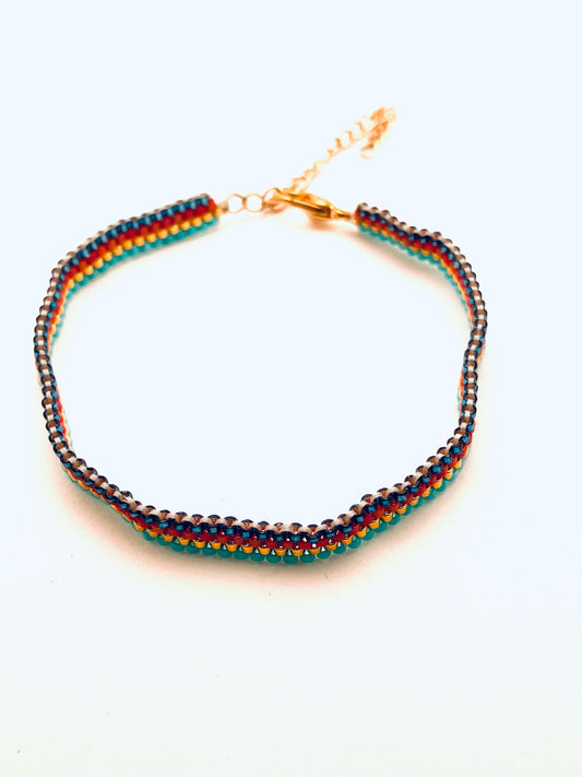 Beaded 4 Row Stripe Bracelet, Blue, Red and Gold
