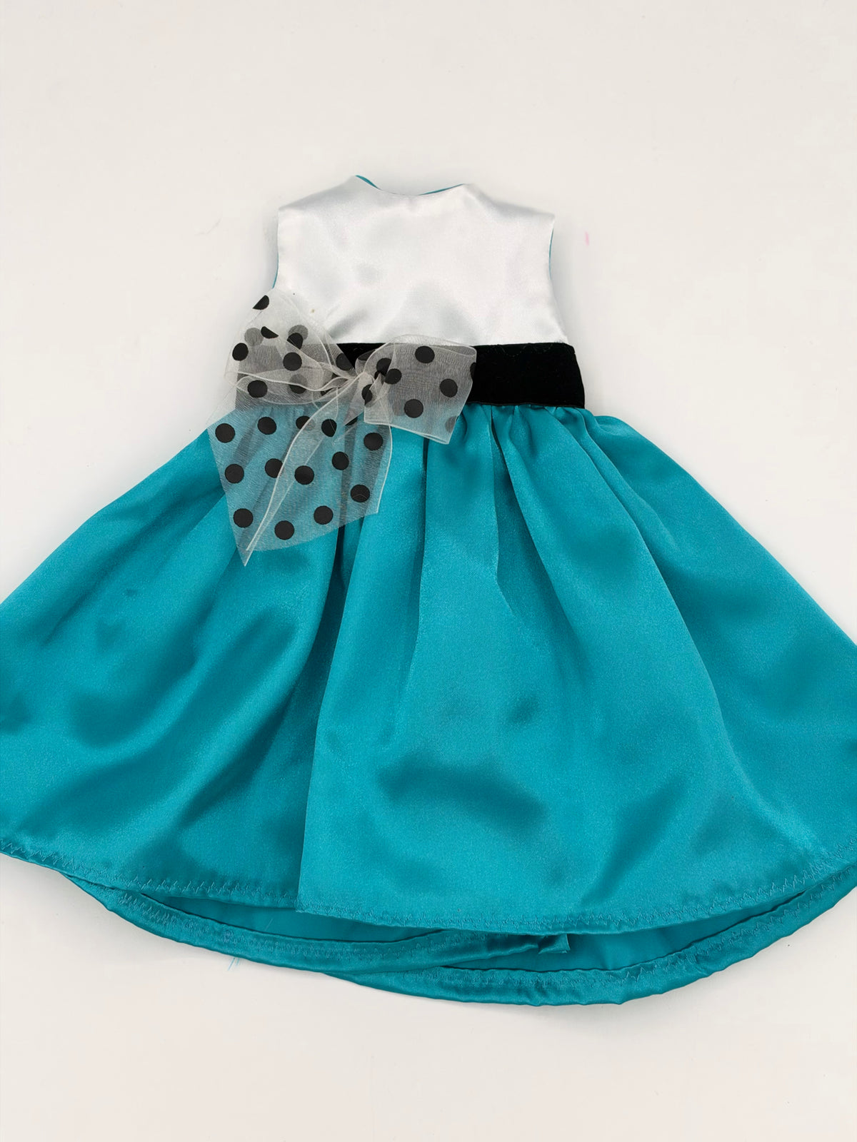 Turquoise Dress with White Satin Top and Black Polkadot Bow for 18" Doll