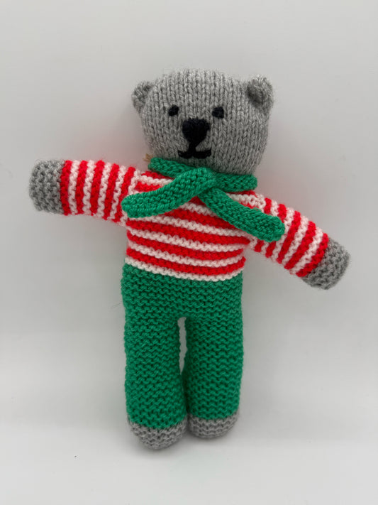Hand Knit Bear with Green Pants and Red Striped Shirt