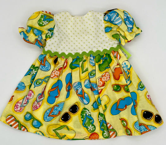 Yellow Sandal Dress with Green Trim and Short Sleeves for 18" Doll