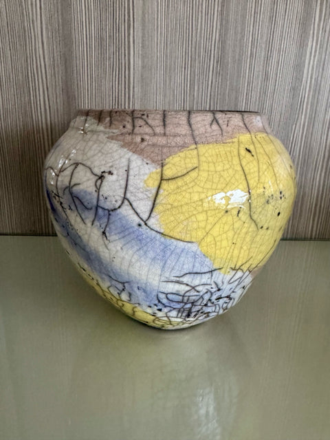 Raku Yellow, White, Blue & Pink Vase/Jar