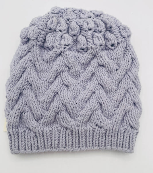 S/M Ice Blue Fine Merino Cable and Bobble Knit Hat