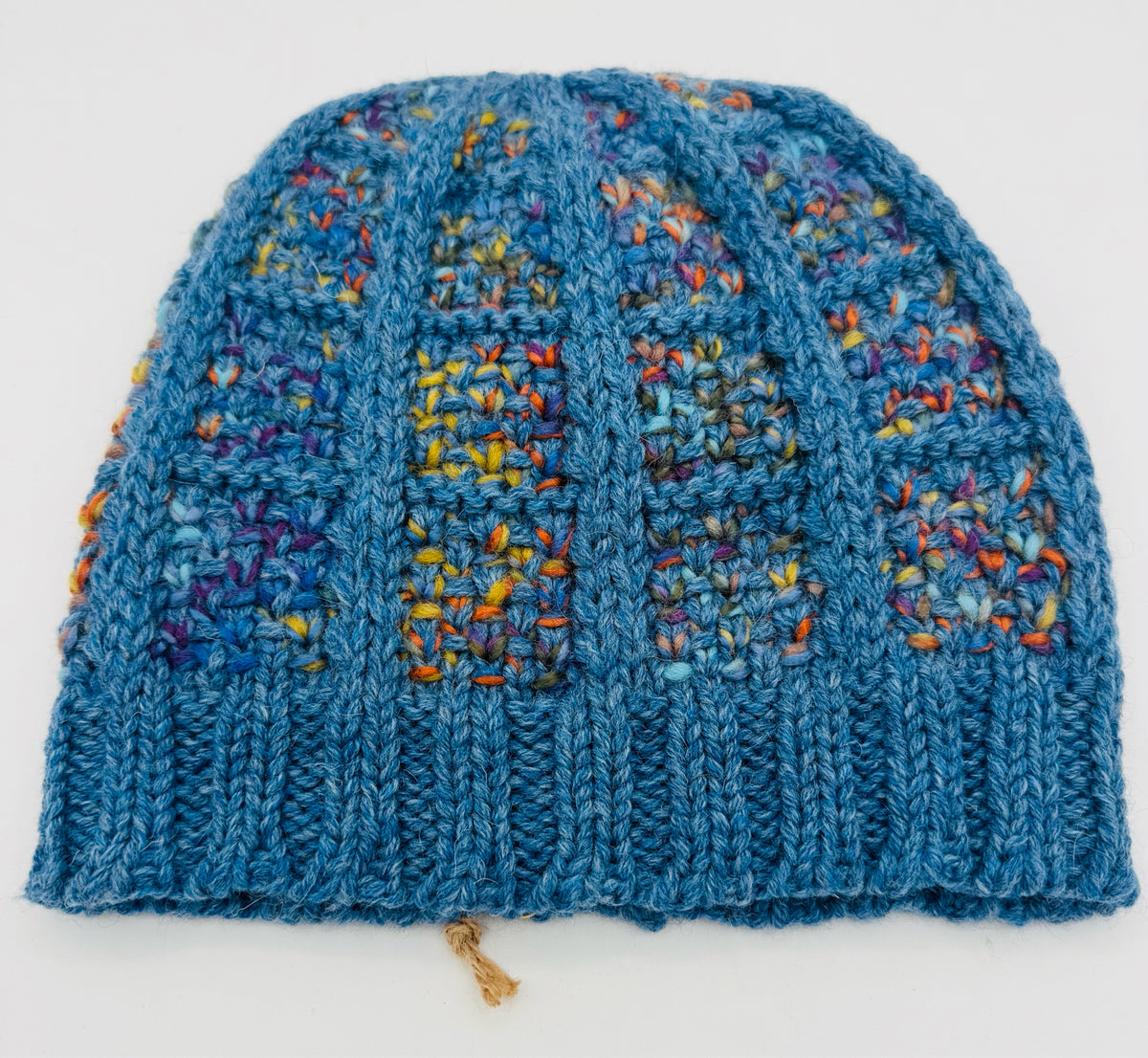 M/L Blue and Multi Color Window Pane Wool Knit Hat