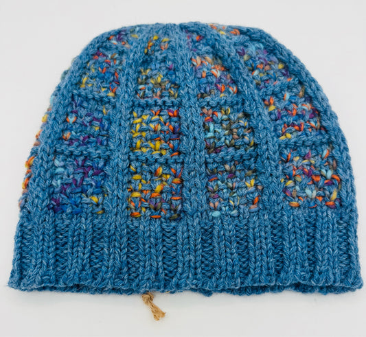 M/L Blue and Multi Color Window Pane Wool Knit Hat