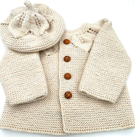 12-18 M Cream Acrylic Knit Cardigan Set with Beret