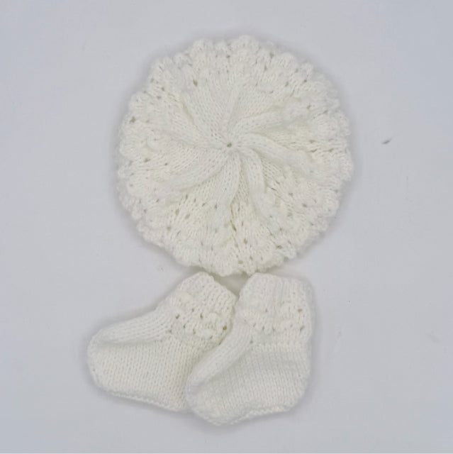 Infant White Acrylic Knit Beret Hat and Booties Set
