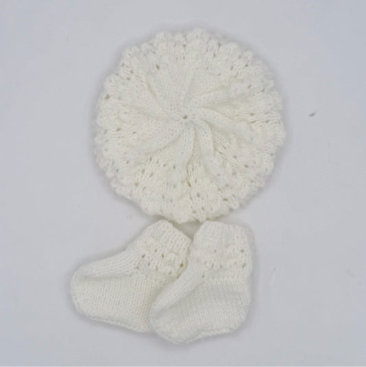 Infant White Acrylic Knit Beret Hat and Booties Set