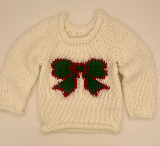 12-18 M White Acrylic Knit Sweater with Green and Red Bow