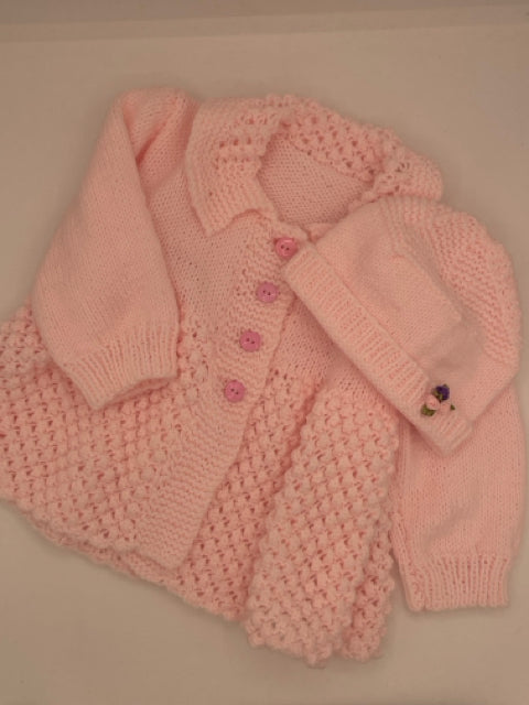 12 M Light Pink Acrylic Bobble Knit Jacket & Hat