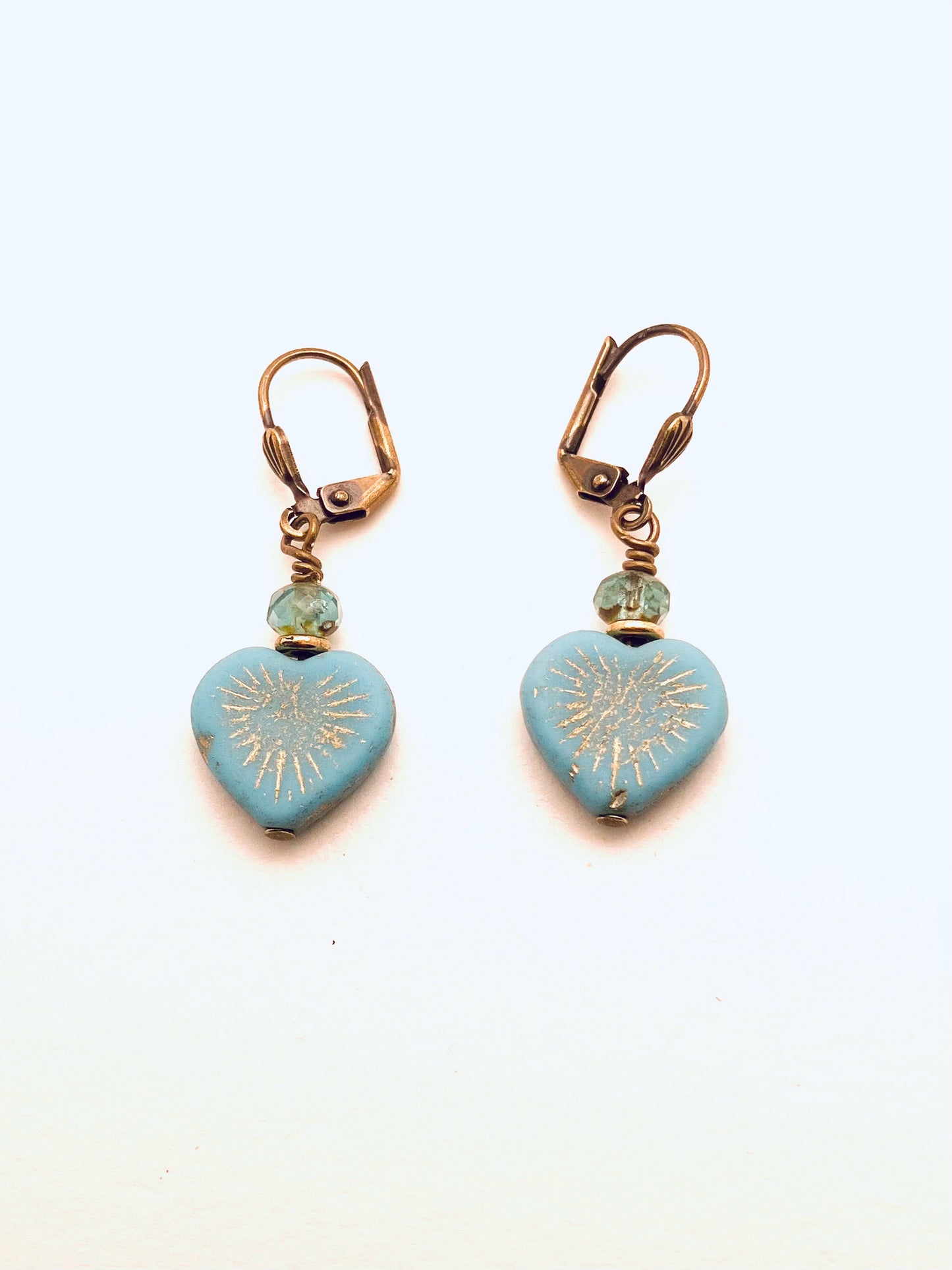 Czech Glass Earrings, Blue Heart