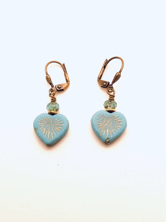 Czech Glass Earrings, Blue Heart