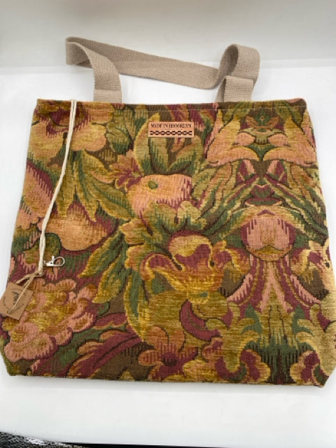 Gold, Green, & Mauve Floral Print Tote Bag