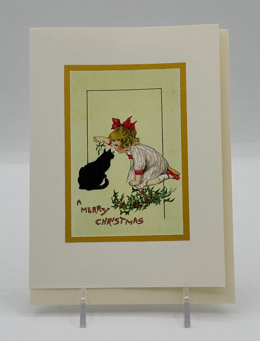 Girl And Black Cat Christmas Card