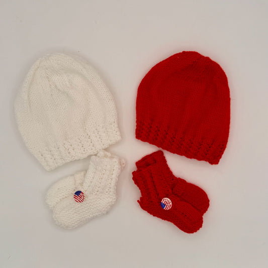 Infant Red and White Acrylic Knit Hat & Booties Set with American Flag Buttons