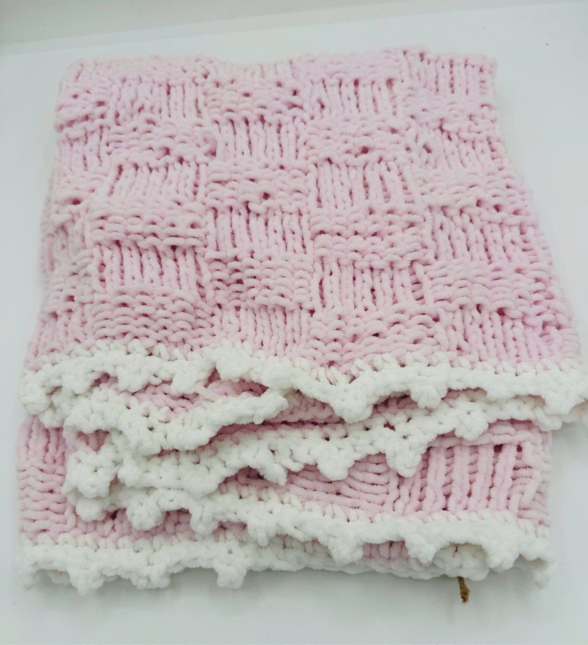 White and Pink Acrylic Chenille Baby Blanket