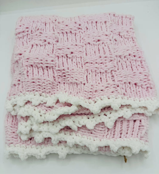 White and Pink Acrylic Chenille Baby Blanket