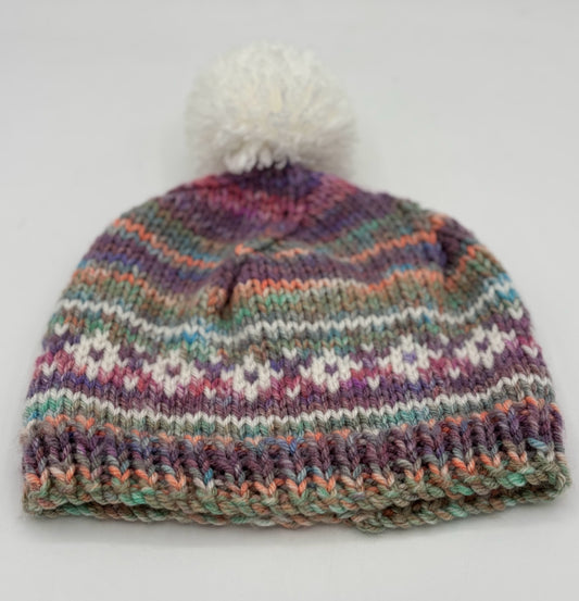 Child L Multi Color Acrylic Fair Isle Knit Beanie with Pom Pom
