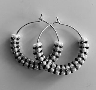 Pearl and Black Woven Beaded Hoops