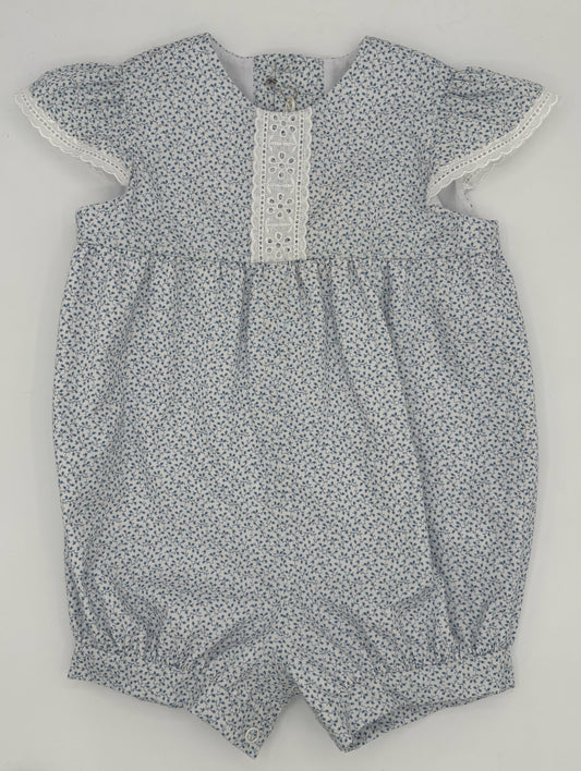 6 M Blue and White Floral Romper with Eyelet Sleeves and Trim