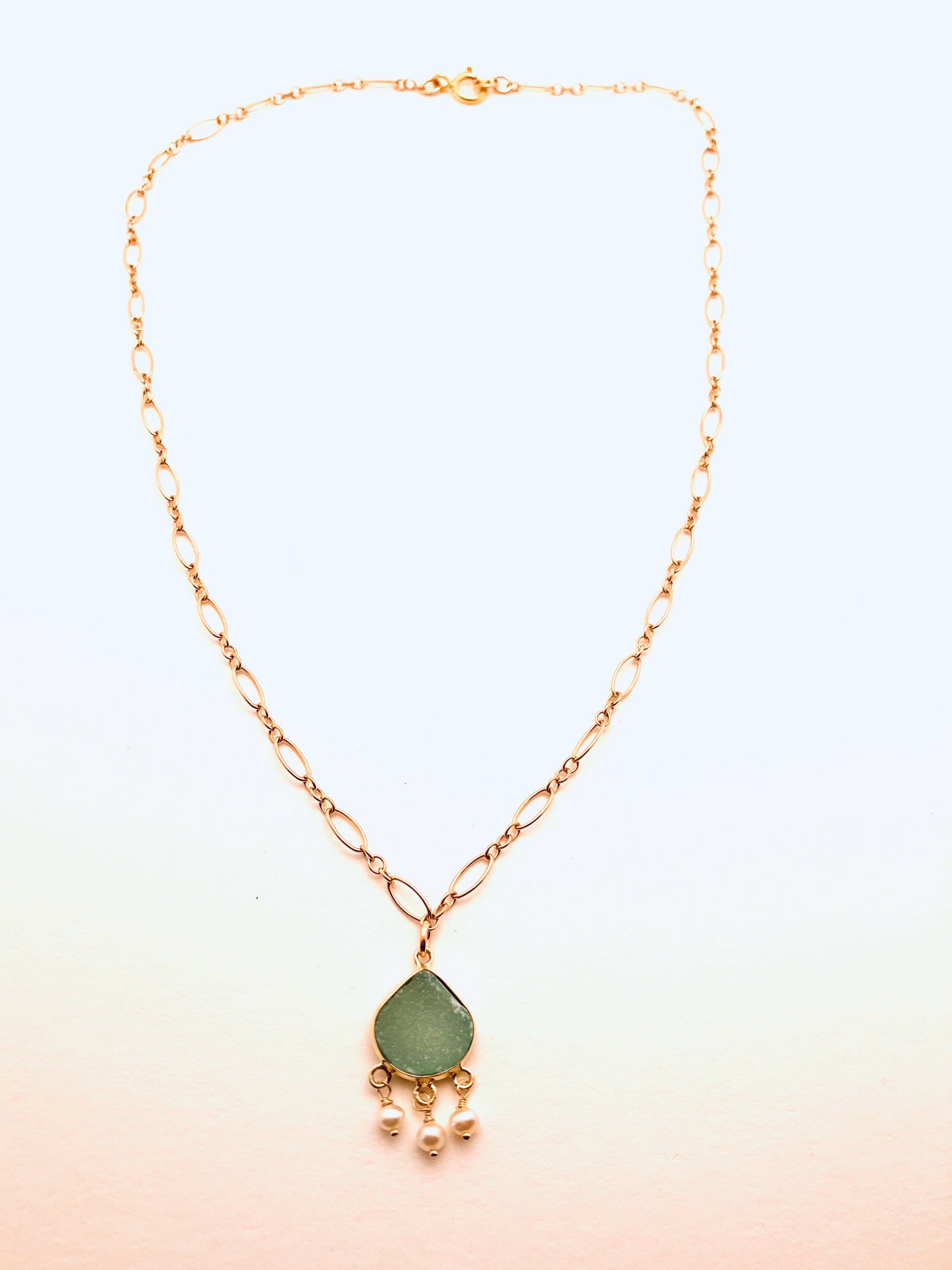 Bezel Set Druzzy with 3 Pearls on Gold Fill Chain