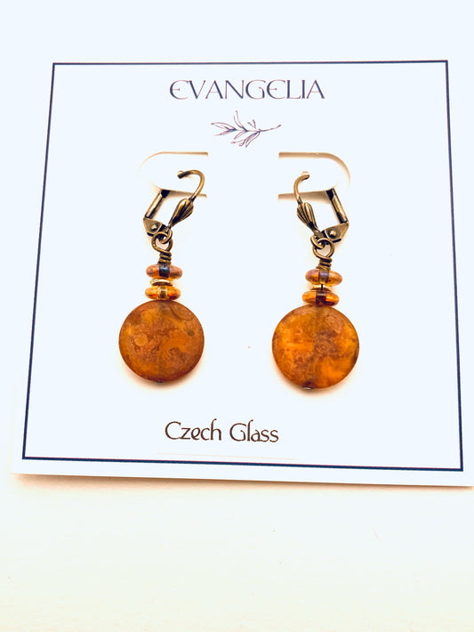 Czech Glass Earrings, Yellow Circle