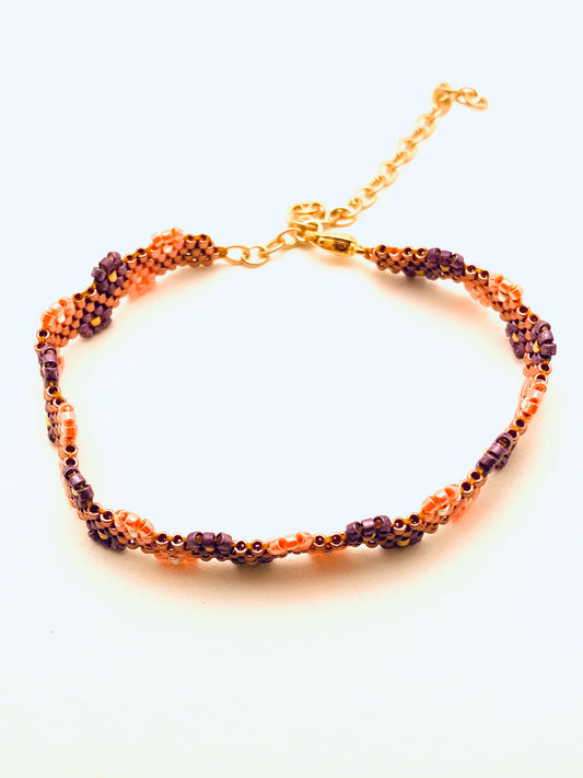 Beaded 4 Row Flower Edge Bracelet, Dark Brown and Pink