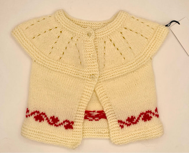 2-3 Y Cream Acrylic Knit Short Sleeve Sweater with Red Border