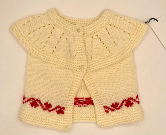 2-3 Y Cream Acrylic Knit Short Sleeve Sweater with Red Border