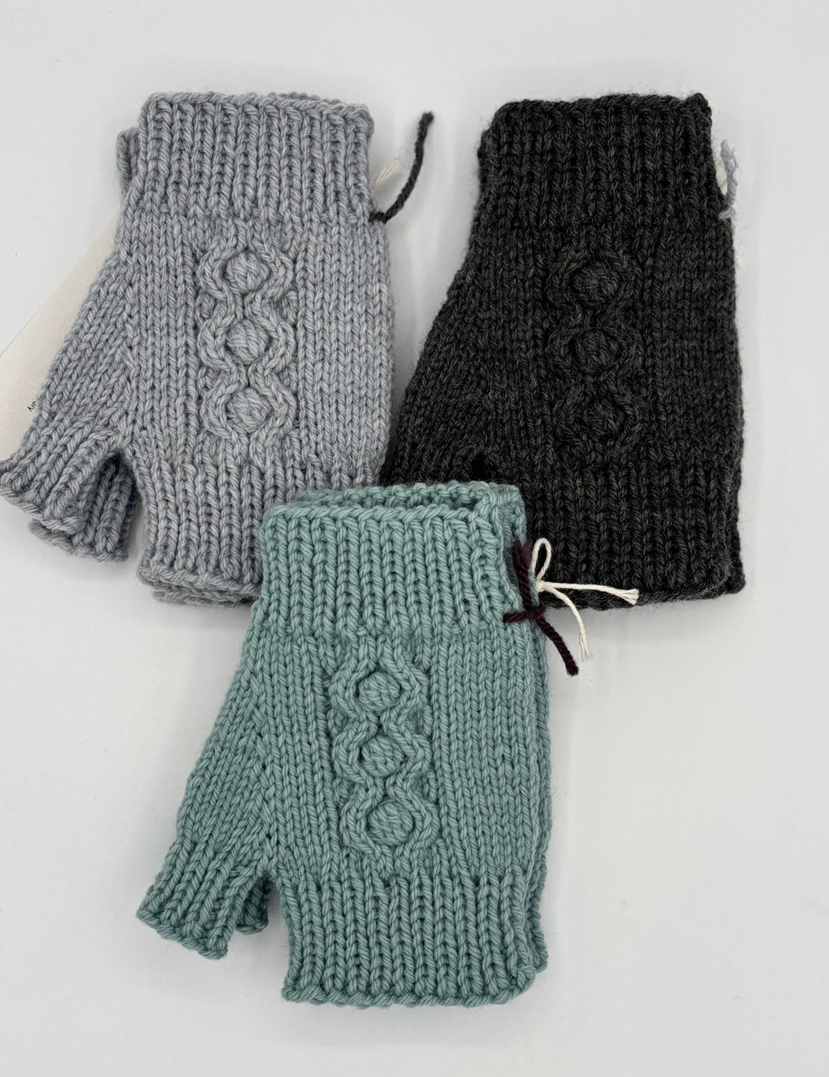 One Size Acrylic/Wool Blend Fingerless Gloves with Cables and Bobbles