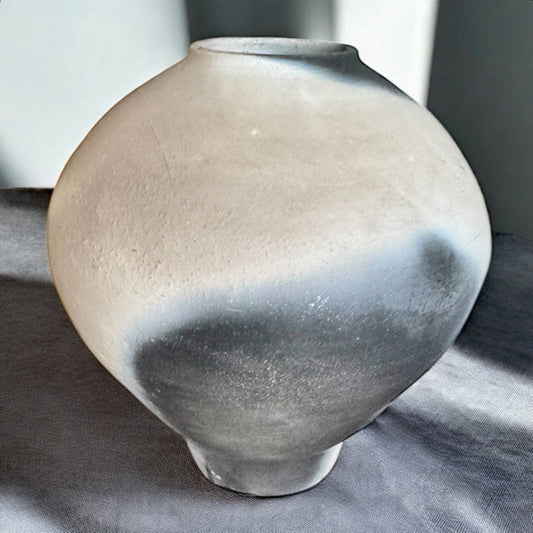 Raku Pit-Fired Black, White and Gray Moon Jar